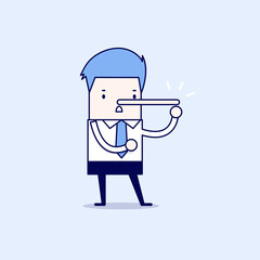 Lying businessman with long nose. Cartoon character thin line style vector.