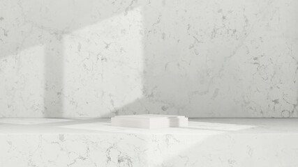 3d render image white podium with window light and white marble background product display advertisement.