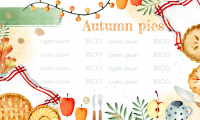 Autumn pies special menu watercolor template © Uli Prozorova