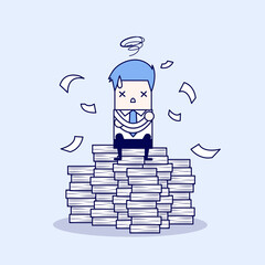 Businessman tried and stressed on paperwork. Cartoon character thin line style vector.