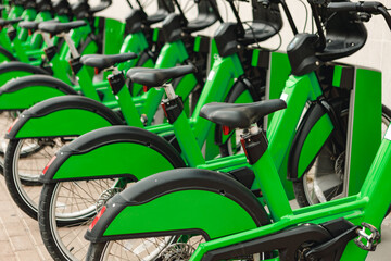 Green bicycles for rent stand in row on street