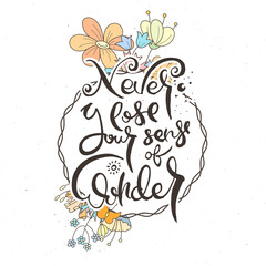 Hand lettering grunge card with flower background. Handcrafted doodle letters in retro style. Hand-drawn vintage typography