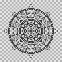 Monochrome mandala ornament outline pattern. Indian geometric art graphic for meditation. Isolated vector illustration.