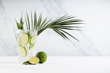 Detox cold lime lemonade with ice cubes, lime slices, rosemary twig, ingredients, green palm leaf  in transparent glass on white wood table in sunlight, summer cocktail.