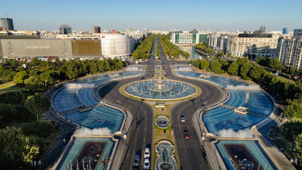 Fototapeta na wymiar Aerial view of Unirii Plaza on a sunny afternoon. 