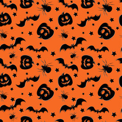 Seamless pattern with orange background. Halloween pumpkin and bat. Vector illustration