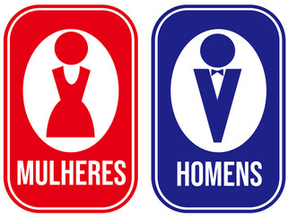 One label in red color indicating womens and one label in blue color indicating men in Portuguese language.