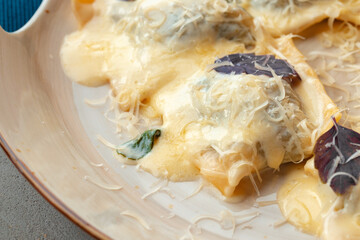 Italian dish ravioli with parmesan in a plate