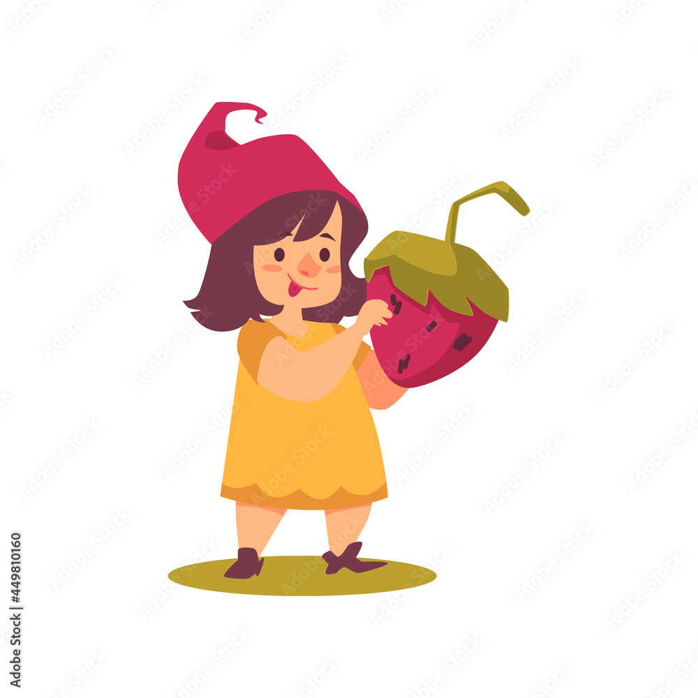 Wall mural cute tale funny cartoon girl gnome with strawberry in hands a vector illustration - Wall murals