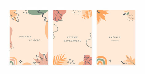 Set of trendy abstract floral autumn vertical templates with leaves, rainbow and abstract shapes and lines. Good for cover, invitation, banner, placard, poster, card or flyer. Vector backgrounds.