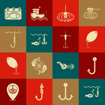Set Fishing hook under water with fish, spoon, float, Calendar and and icon. Vector