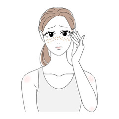 女性　美肌　肌トラブル　美容　スキンケア　そばかす　悩む顔　困り顔　タンクトップ