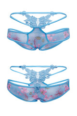 Detail shot of blue mesh panties with thin straps, lace insert and floral design. Sexy lingerie is isolated on the white background. Front and back views.  