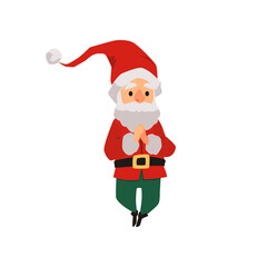 Vector cartoon flat illustration of soaring Christmas gnome with folded hands. Character gnome on white background.