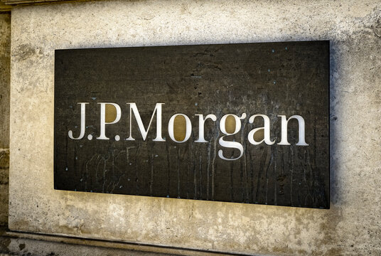 J.P. Morgan Bank Sign, J.P. Morgan is an American Investment Bank founded in 1871, London, England -  29 July 2021