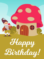 Banner or card with sign Happy Birthday and cute gnome, flat vector illustration.