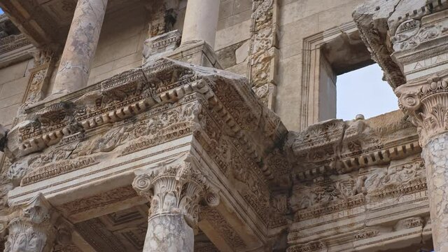 Closeup of architectural details of Celsus Library facade in ancient Greek settlement of Ephesus, Izmir, Turkey. High quality 4k footage