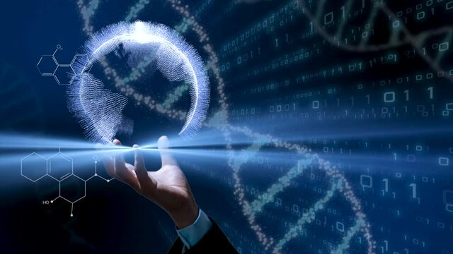 DNAとグローバルを背景とした先進医療・遠隔治療のイメージ　先進技術を使った新しい治療法と人類の希望の背景