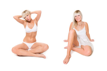 Beautiful blonde woman wearing a short summer skirt and underwear, isolated in front of white studio background