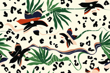 Flowers, leaves, stripes, dots. Modern seamless pattern. Natural ornament. Creative background