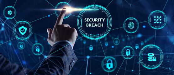 Cyber security data protection business technology privacy concept. Young businessman  select the icon Security breach on the virtual display.