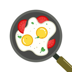 Fried eggs in a pan with tomates and greens flat style isolated on white background. Breakfast elements vector sign symbol