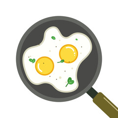 Fried eggs in a pan with tomates and greens flat style isolated on white background. Breakfast elements vector sign symbol
