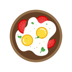 Fried eggs in a pan with tomates and greens flat style isolated on white background. Breakfast elements vector sign symbol