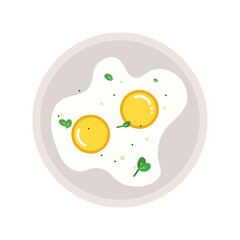 Fried eggs in a pan with tomates and greens flat style isolated on white background. Breakfast elements vector sign symbol