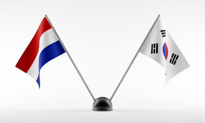 Stand with two national flags. Flags of Netherlands and South Korea. Isolated on a white background. 3d rendering