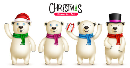 Polar bear christmas characters vector set. 3d bears character in standing pose, waving and holding gift gesture for xmas celebration collection design. Vector illustration
