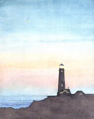watercolor and graphic image of the lighthouse on the background of the sunset
