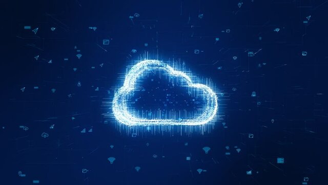 Motion graphic of Blue particle cloud storage logo with futuristic technology icon on abstract background