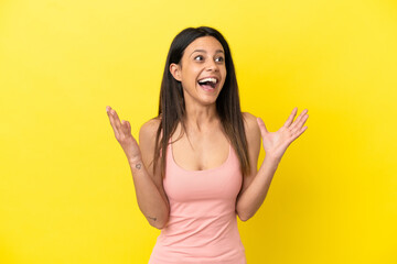 Young caucasian woman isolated on yellow background with surprise facial expression