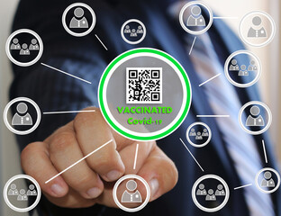 The businessman chooses the International certificate of vaccination from coronavirus on the touch screen. QR code vaccinated from covid 19, the result is positive