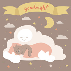 Cute baby bear is sleeping in clouds. Sweet dreams. Poster with character in flat style.