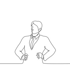 man in a business suit stands staring at someone with his hands resting on his hips - one line drawing. businessman in a confident pose looks and listens to someone
