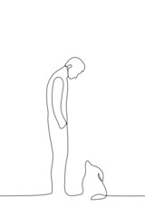 man stands and looks at the dog - one line drawing. dog walking concept, meeting with homeless dog