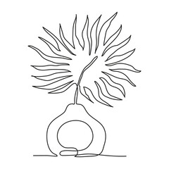 Vector illustration of palm leaf in vase. Modern one line art. Can be use as home decor such as posters, wallpapers, tattoo, tee-shirt print or embroidery and as social media design