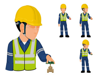 set of industrial worker with valve handle on white background