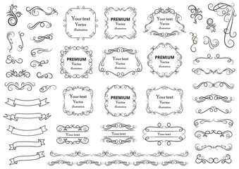 Calligraphic design elements . Decorative swirls or scrolls, vintage frames , flourishes, labels and dividers. Retro vector illustration