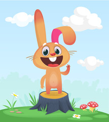 Cartoon funny and happy rabbit standing on the summer meadow on the tree stump. Vector illustration of easter bunny hare