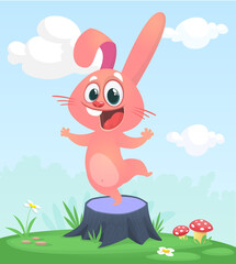 Cartoon funny and happy rabbit standing on the summer meadow on the tree stump. Vector illustration of easter bunny hare