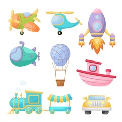 Collection of cute cartoon transport. Set of vehicles for design of childrens book, album, baby shower, greeting card, party invitation, house interior. Bright colored childish vector illustration.