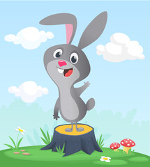Cartoon funny and happy rabbit standing on the summer meadow on the tree stump. Vector illustration of easter bunny hare
