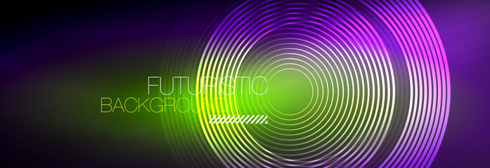 Fototapeta premium Dark abstract background with glowing neon circles. Trendy layout template for business or technology presentation, internet poster or web brochure cover, wallpaper
