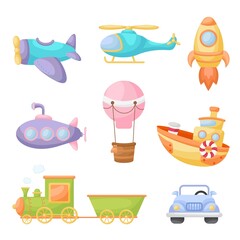Set of cute cartoon transport. Collection of vehicles for design of childrens book, album, baby shower, greeting card, party invitation, house interior. Bright colored childish vector illustration.