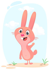 Cartoon funny and happy rabbit standing on the summer meadow. Vector illustration of easter bunny hare