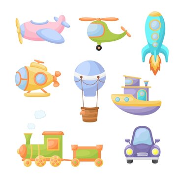 Collection of cute cartoon transport. Set of vehicles for design of kids rooms, clothing, album, card, baby shower, birthday invitation, house interior. Bright colored childish vector illustration.
