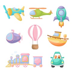 Collection of cute cartoon transport. Set of vehicles for design of kids rooms, clothing, album, card, baby shower, birthday invitation, house interior. Bright colored childish vector illustration.